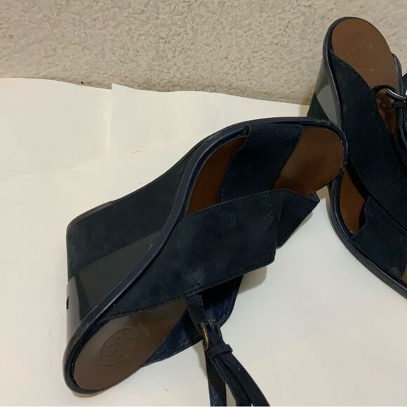 Tory Burch Navy Blue Suede Gabrielle Slingback Wedge Sandals Womens Size 8.5 M - Picture 6 of 16